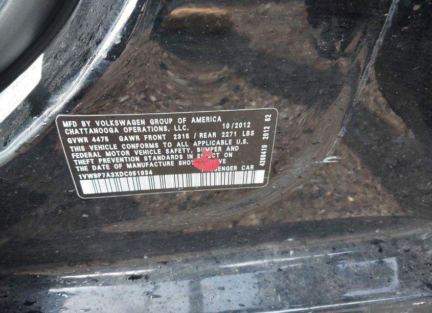 Photo 9 of 2013 Volkswagen Passat 2.5L SE (VIN 1VWBP7A3XDC051934)