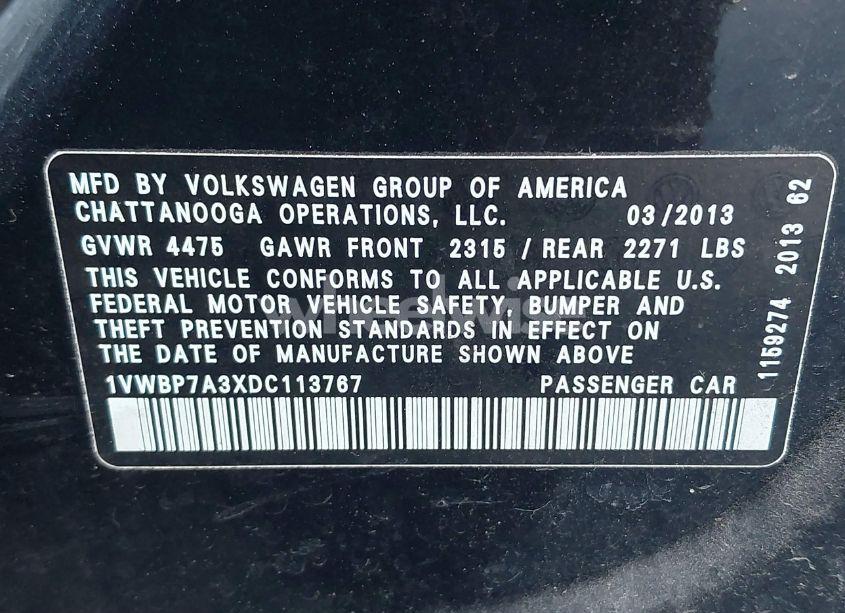 Photo 9 of 2013 Volkswagen Passat 2.5L SE (VIN 1VWBP7A3XDC113767)