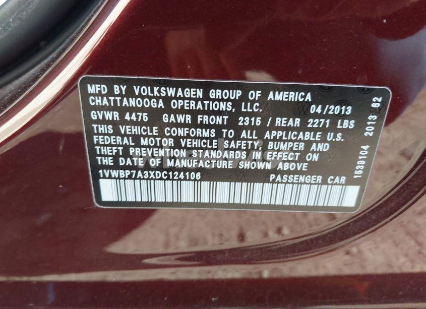 Photo 9 of 2013 Volkswagen Passat 2.5L SE (VIN 1VWBP7A3XDC124106)