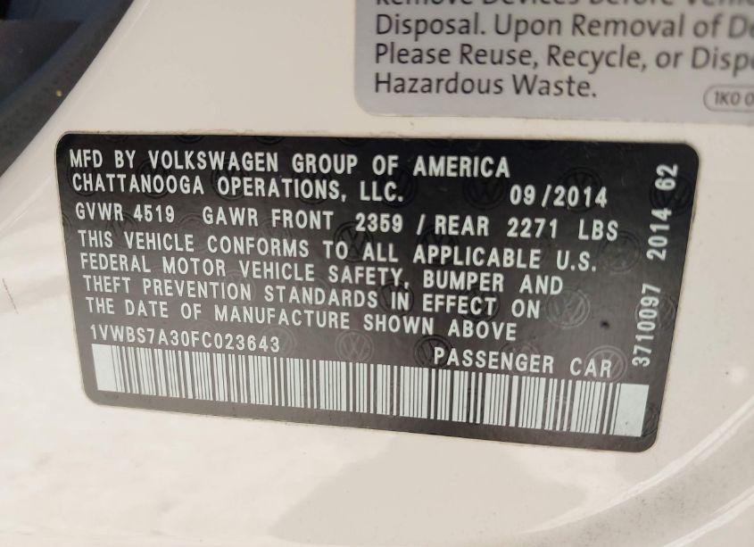 Photo 9 of 2015 Volkswagen Passat 1.8T SE (VIN 1VWBS7A30FC023643)