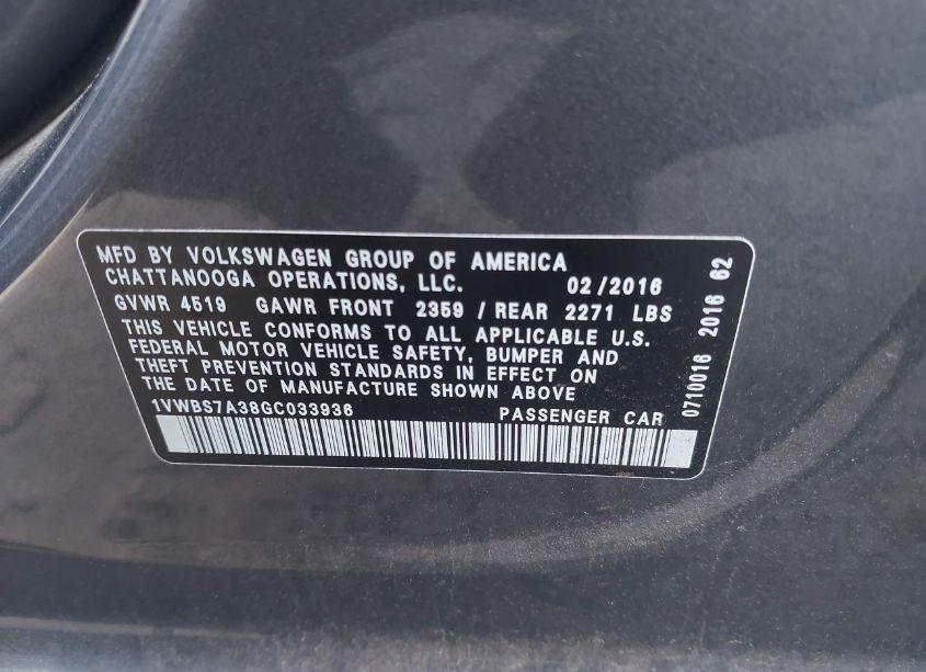 Photo 9 of 2016 Volkswagen Passat 1.8T SE (VIN 1VWBS7A38GC033936)