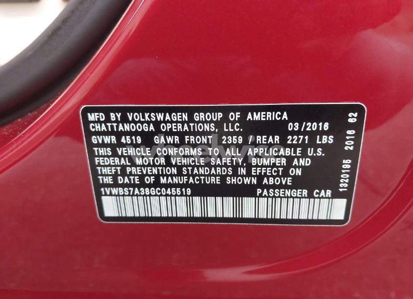 Photo 9 of 2016 Volkswagen Passat 1.8T SE (VIN 1VWBS7A38GC045519)