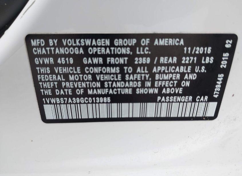 Photo 9 of 2016 Volkswagen Passat 1.8T SE (VIN 1VWBS7A39GC013985)