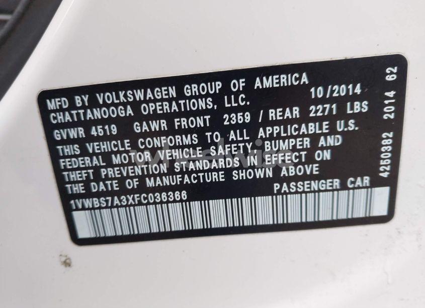 Photo 9 of 2015 Volkswagen Passat 1.8T SPORT (VIN 1VWBS7A3XFC036366)