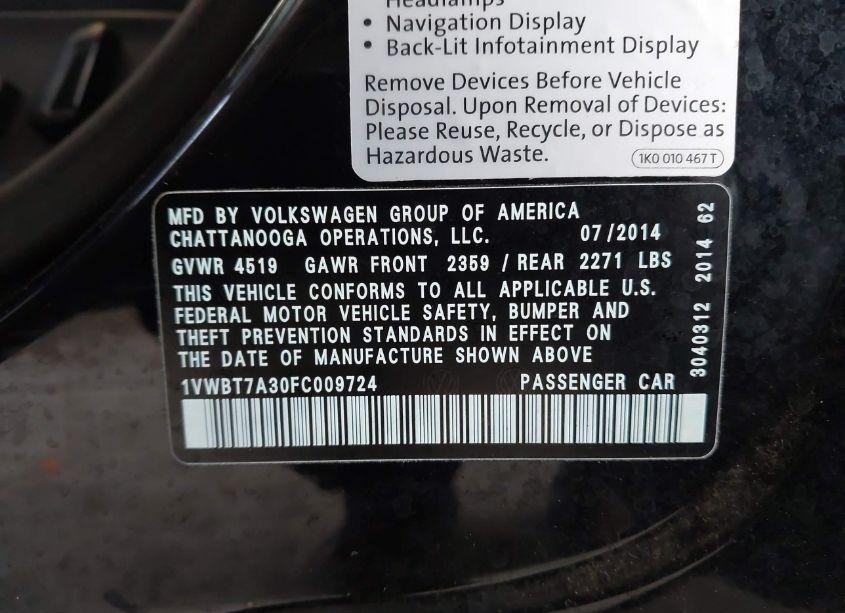 Photo 9 of 2015 Volkswagen Passat 1.8T LIMITED EDITION/1.8T SE/1.8T SPORT (VIN 1VWBT7A30FC009724)