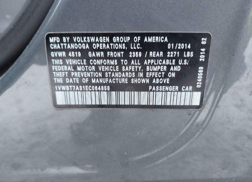 Photo 9 of 2014 Volkswagen Passat 1.8T SE (VIN 1VWBT7A31EC064858)