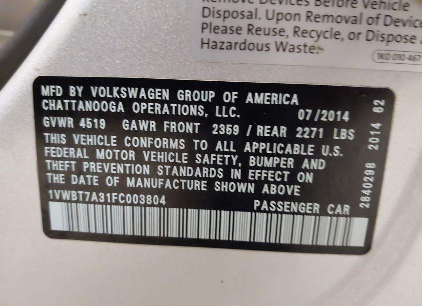 Photo 9 of 2015 Volkswagen Passat 1.8T SE (VIN 1VWBT7A31FC003804)