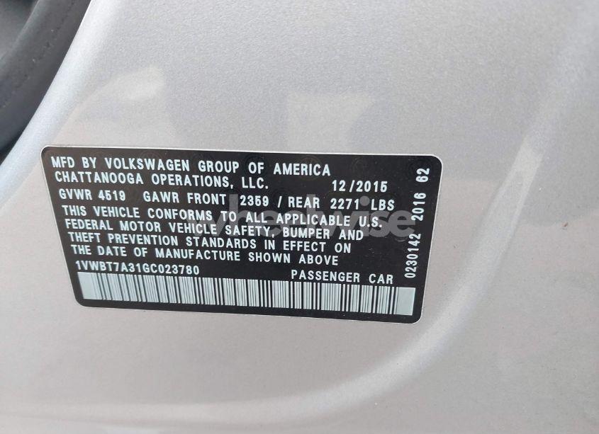 Photo 9 of 2016 Volkswagen Passat 1.8T SE (VIN 1VWBT7A31GC023780)