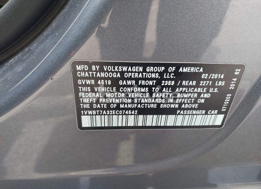 Photo 9 of 2014 Volkswagen Passat 1.8T SE (VIN 1VWBT7A32EC074542)