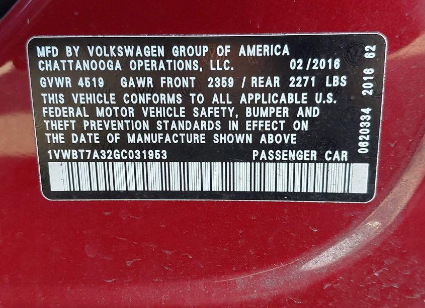 Photo 9 of 2016 Volkswagen Passat 1.8T SE (VIN 1VWBT7A32GC031953)