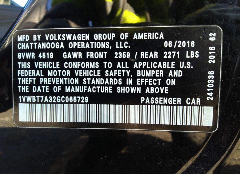 Photo 9 of 2016 Volkswagen Passat 1.8T SE (VIN 1VWBT7A32GC065729)