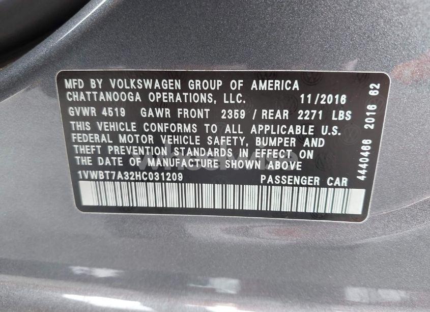 Photo 9 of 2017 Volkswagen Passat 1.8T SE (VIN 1VWBT7A32HC031209)