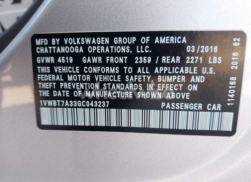 Photo 9 of 2016 Volkswagen Passat 1.8T SE (VIN 1VWBT7A33GC043237)