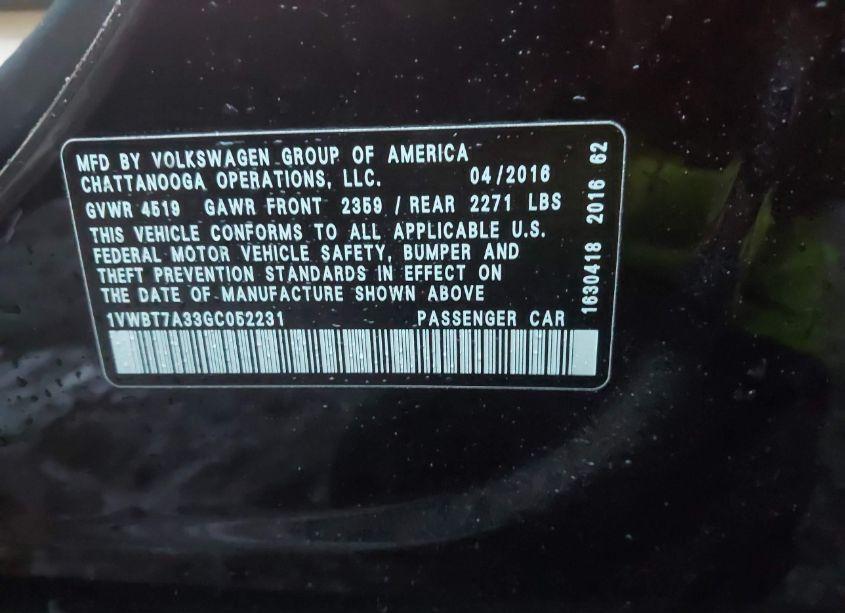 Photo 9 of 2016 Volkswagen Passat 1.8T SE (VIN 1VWBT7A33GC052231)