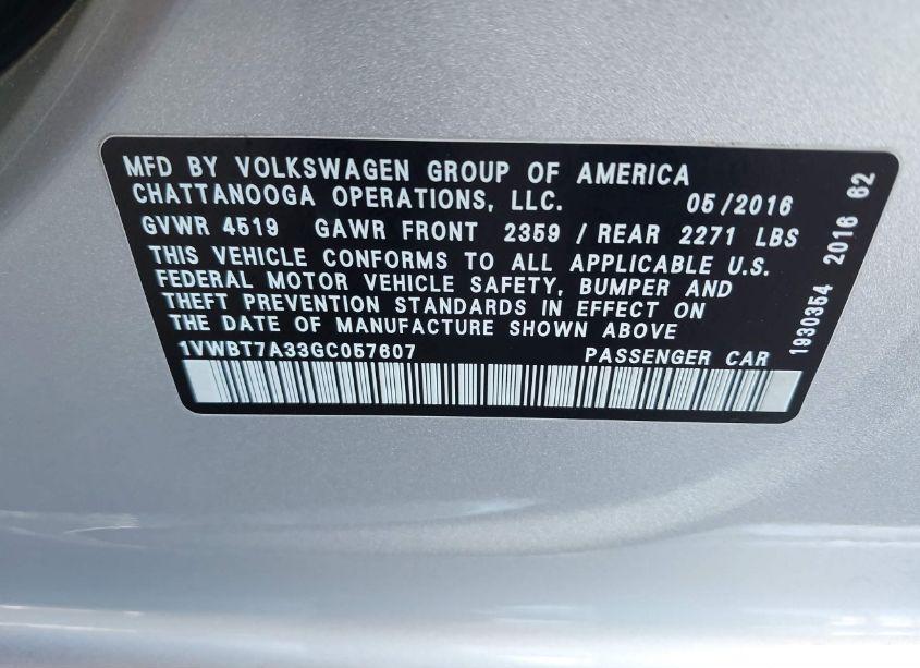 Photo 9 of 2016 Volkswagen Passat 1.8T SE (VIN 1VWBT7A33GC057607)