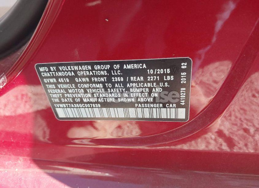 Photo 9 of 2016 Volkswagen Passat 1.8T SE (VIN 1VWBT7A35GC007839)