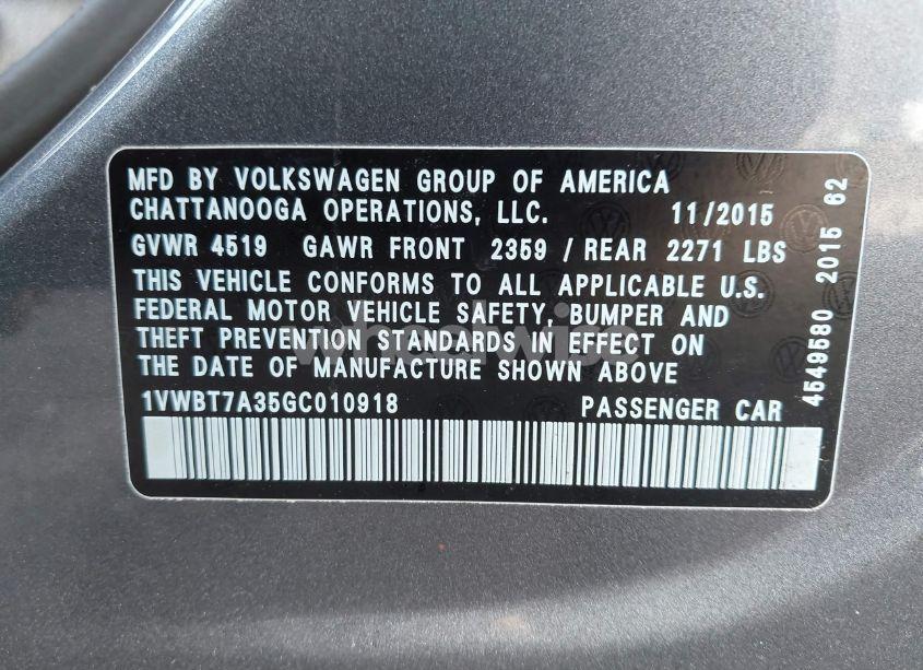 Photo 9 of 2016 Volkswagen Passat 1.8T SE (VIN 1VWBT7A35GC010918)