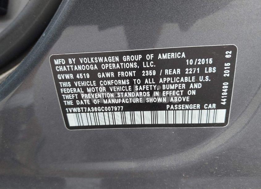 Photo 9 of 2016 Volkswagen Passat 1.8T SE (VIN 1VWBT7A36GC007977)
