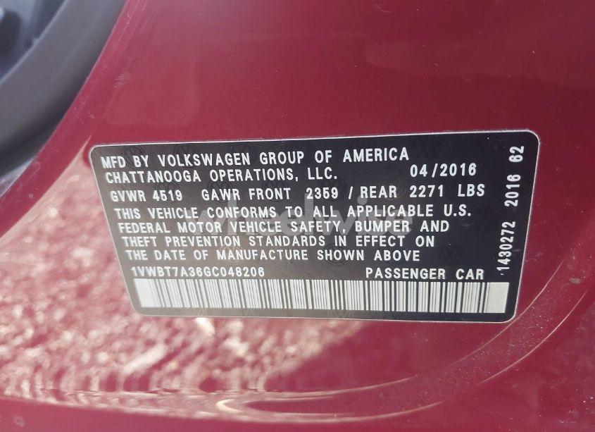 Photo 9 of 2016 Volkswagen Passat 1.8T SE (VIN 1VWBT7A36GC048206)