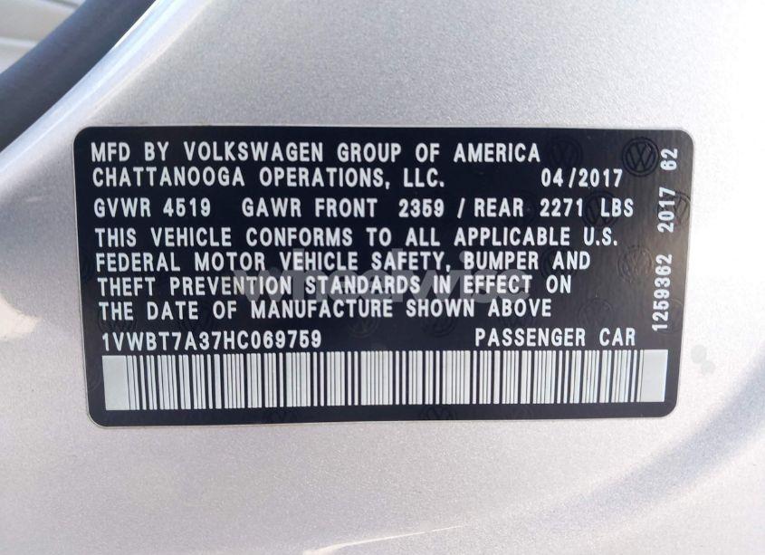 Photo 9 of 2017 Volkswagen Passat 1.8T SE (VIN 1VWBT7A37HC069759)