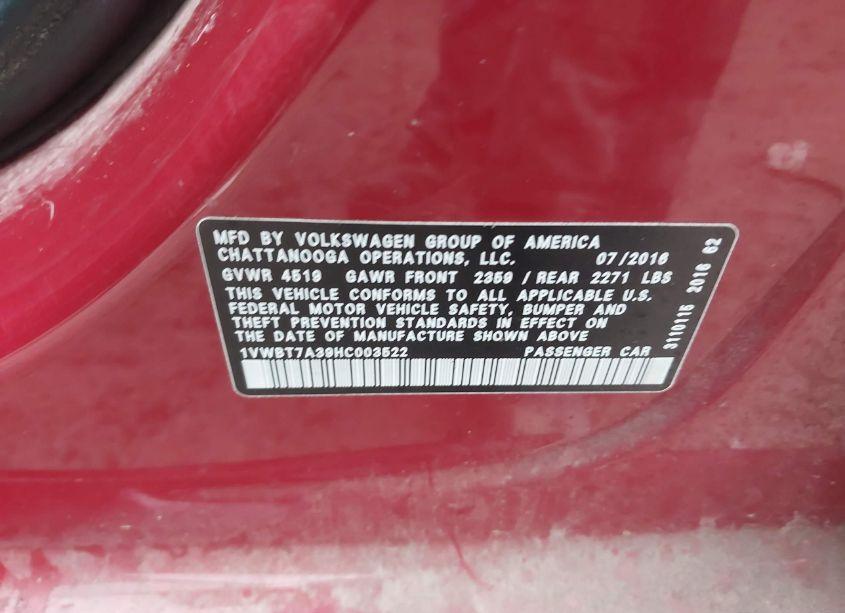 Photo 9 of 2017 Volkswagen Passat 1.8T SE (VIN 1VWBT7A39HC003522)