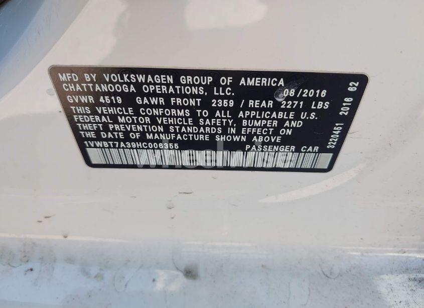 Photo 9 of 2017 Volkswagen Passat 1.8T SE (VIN 1VWBT7A39HC006355)