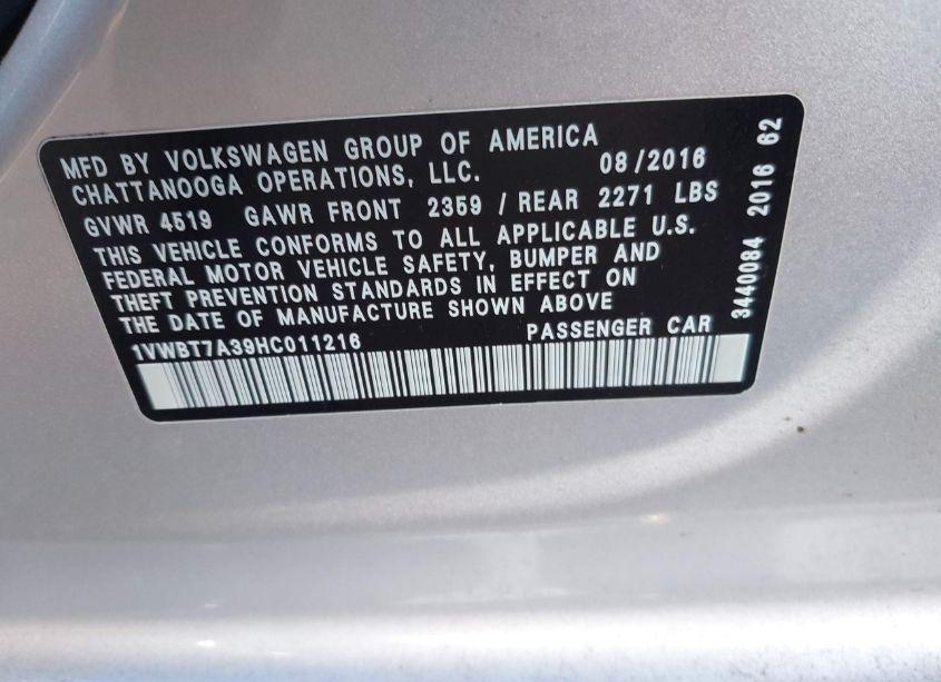 Photo 9 of 2017 Volkswagen Passat 1.8T SE (VIN 1VWBT7A39HC011216)