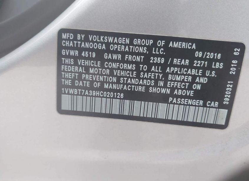 Photo 9 of 2017 Volkswagen Passat 1.8T SE (VIN 1VWBT7A39HC020126)