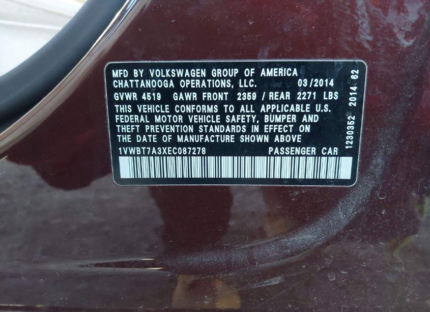 Photo 9 of 2014 Volkswagen Passat 1.8T SE (VIN 1VWBT7A3XEC087278)