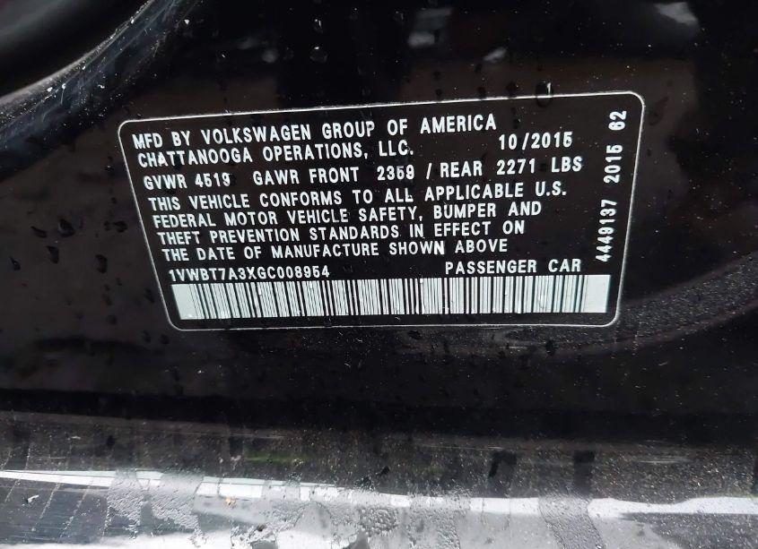 Photo 9 of 2016 Volkswagen Passat 1.8T SE (VIN 1VWBT7A3XGC008954)