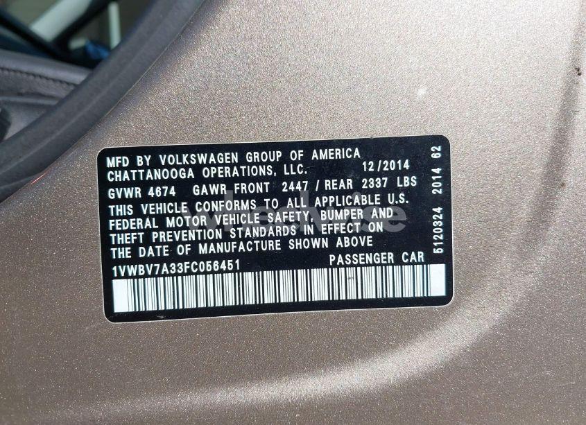 Photo 9 of 2015 Volkswagen Passat 2.0L TDI SE (VIN 1VWBV7A33FC056451)