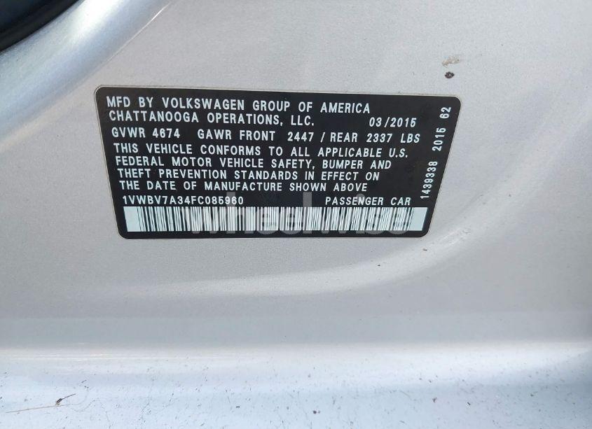 Photo 9 of 2015 Volkswagen Passat 2.0L TDI SE (VIN 1VWBV7A34FC085960)