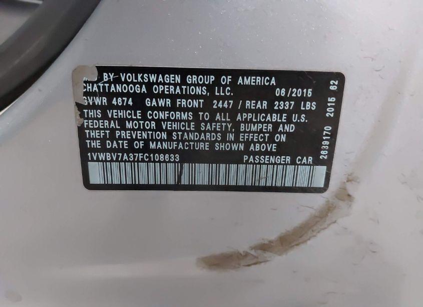 Photo 9 of 2015 Volkswagen Passat 2.0L TDI SE (VIN 1VWBV7A37FC108633)