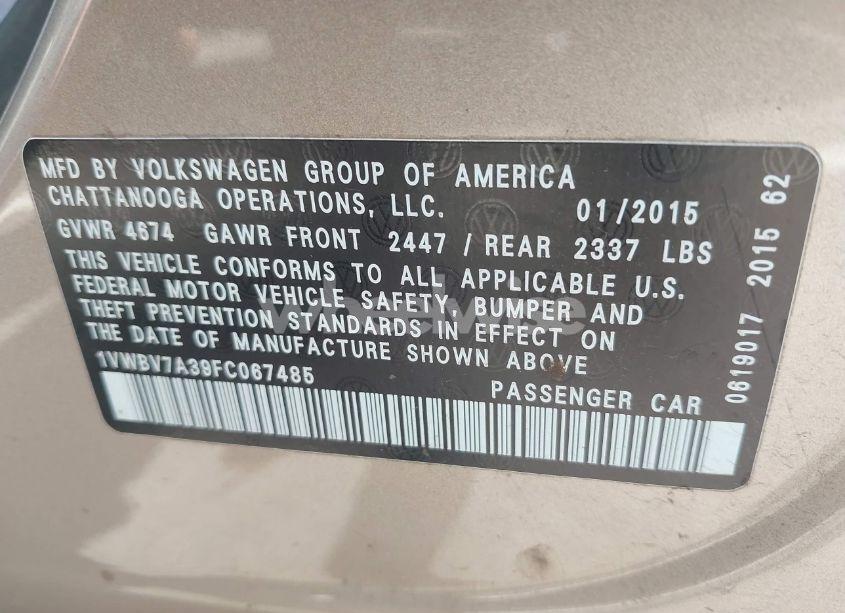 Photo 9 of 2015 Volkswagen Passat 2.0L TDI SE (VIN 1VWBV7A39FC067485)