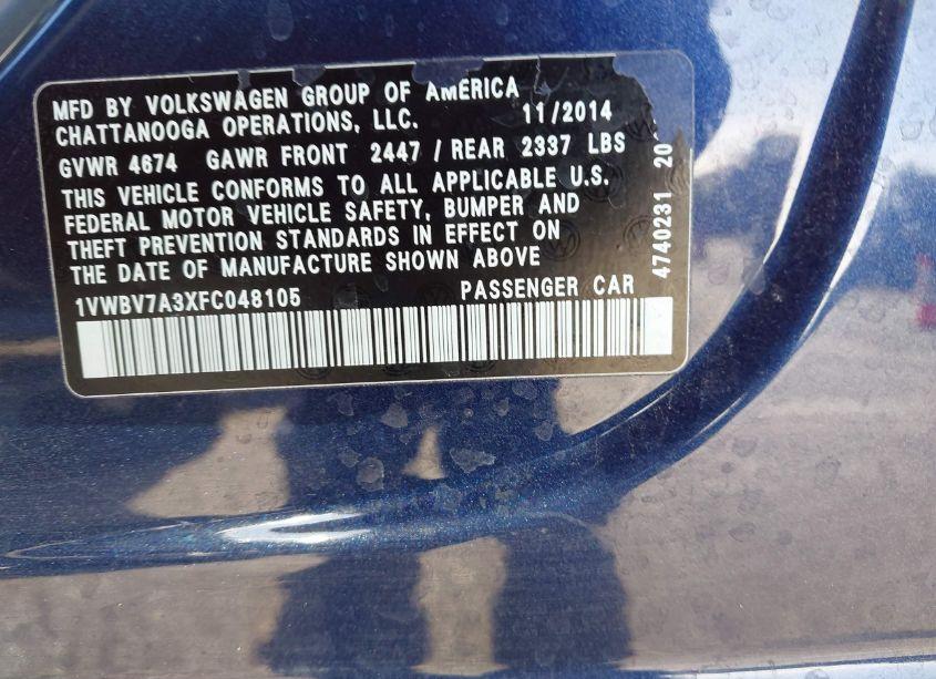 Photo 9 of 2015 Volkswagen Passat 2.0L TDI SE (VIN 1VWBV7A3XFC048105)