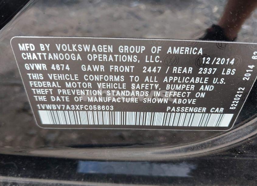 Photo 9 of 2015 Volkswagen Passat 2.0L TDI SE (VIN 1VWBV7A3XFC058603)