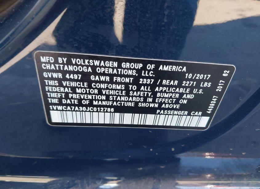 Photo 9 of 2018 Volkswagen Passat 2.0T SEL PREMIUM (VIN 1VWCA7A30JC012786)