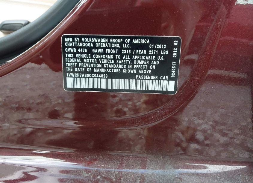 Photo 9 of 2012 Volkswagen Passat 2.5L SEL (VIN 1VWCH7A30CC044829)