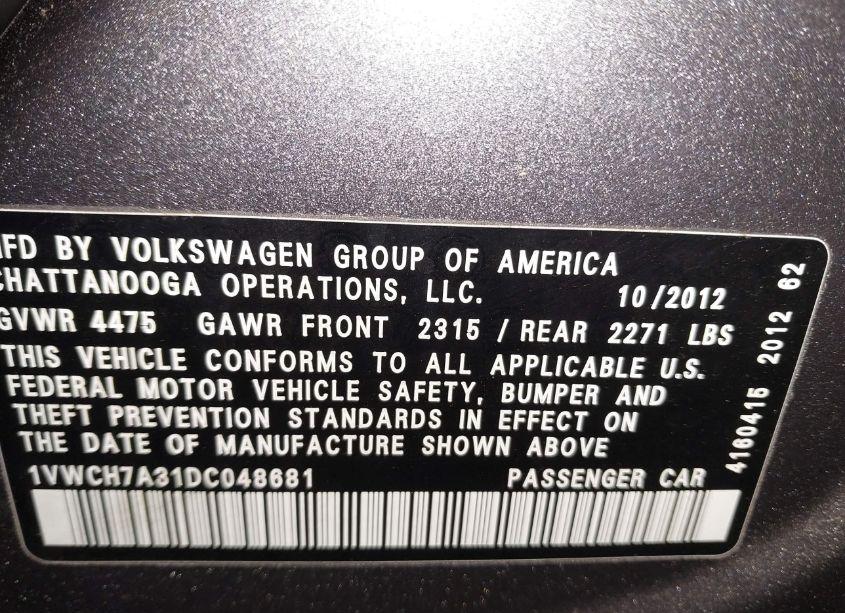 Photo 9 of 2013 Volkswagen Passat SEL (VIN 1VWCH7A31DC048681)