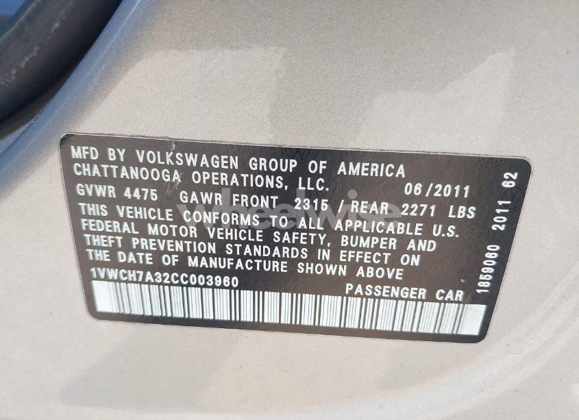 Photo 9 of 2012 Volkswagen Passat 2.5L SEL PREMIUM (VIN 1VWCH7A32CC003960)