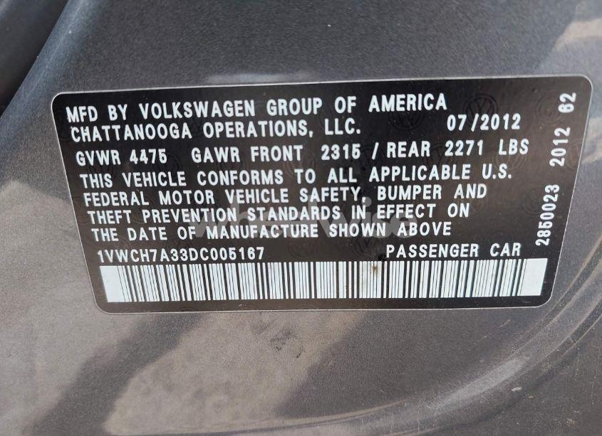 Photo 9 of 2013 Volkswagen Passat 2.5L SEL (VIN 1VWCH7A33DC005167)