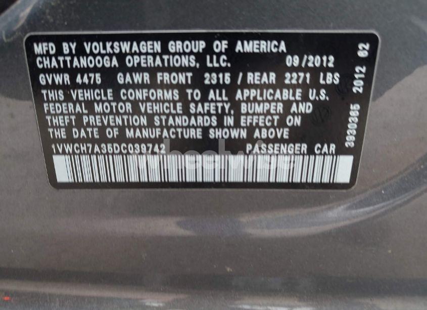 Photo 9 of 2013 Volkswagen Passat 2.5L SEL PREMIUM (VIN 1VWCH7A35DC039742)