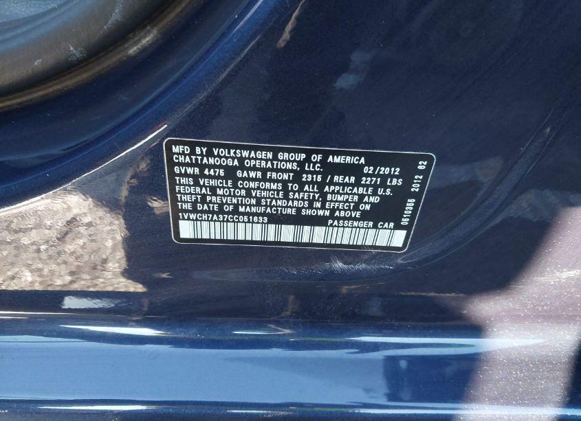Photo 9 of 2012 Volkswagen Passat 2.5L SEL (VIN 1VWCH7A37CC051633)