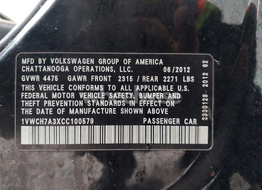 Photo 9 of 2012 Volkswagen Passat 2.5L SEL PREMIUM (VIN 1VWCH7A3XCC100579)