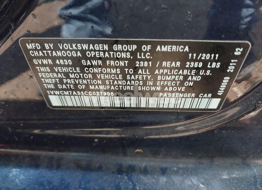 Photo 9 of 2012 Volkswagen Passat 3.6L V6 SEL PREMIUM (VIN 1VWCM7A31CC027906)