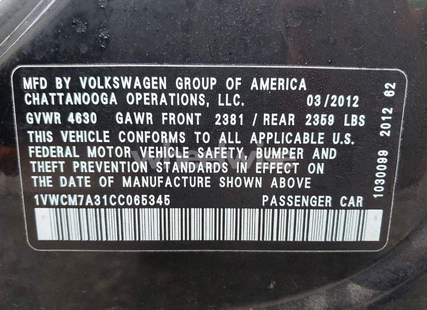 Photo 9 of 2012 Volkswagen Passat 3.6L V6 SEL PREMIUM (VIN 1VWCM7A31CC065345)