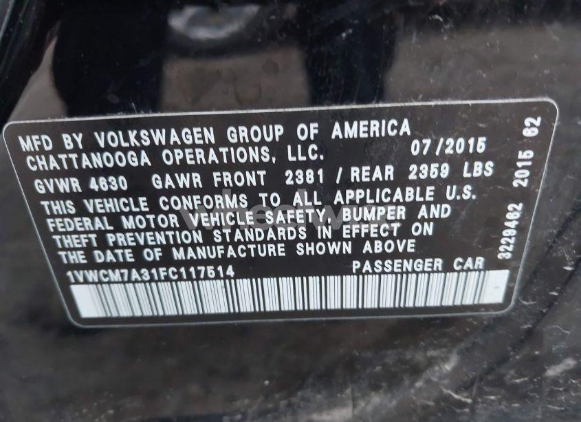 Photo 9 of 2015 Volkswagen Passat 3.6L V6 SEL PREMIUM (VIN 1VWCM7A31FC117514)