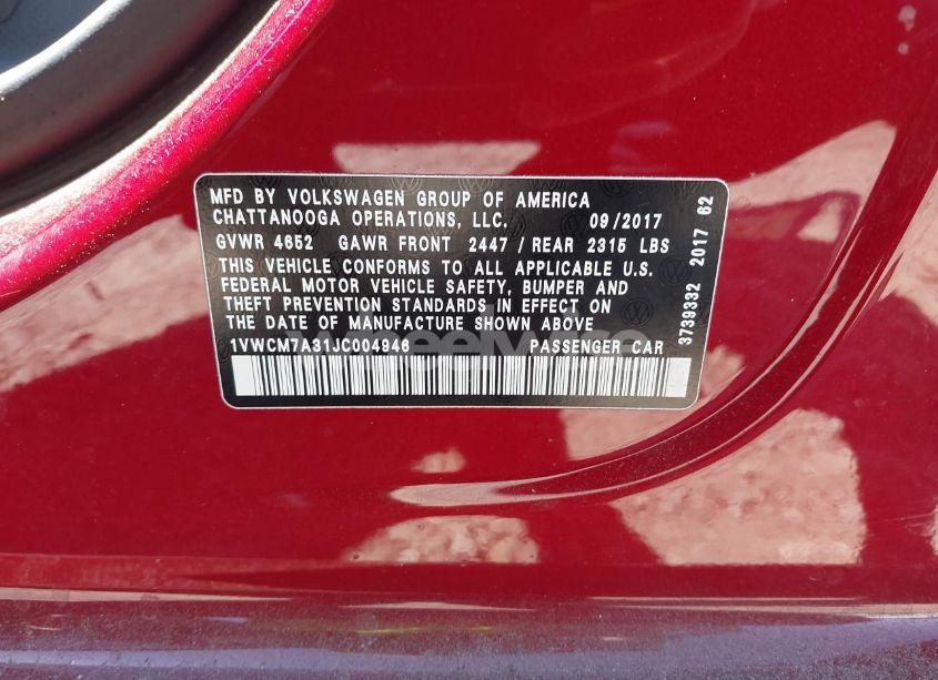 Photo 9 of 2018 Volkswagen Passat 3.6L V6 SEL PREMIUM (VIN 1VWCM7A31JC004946)
