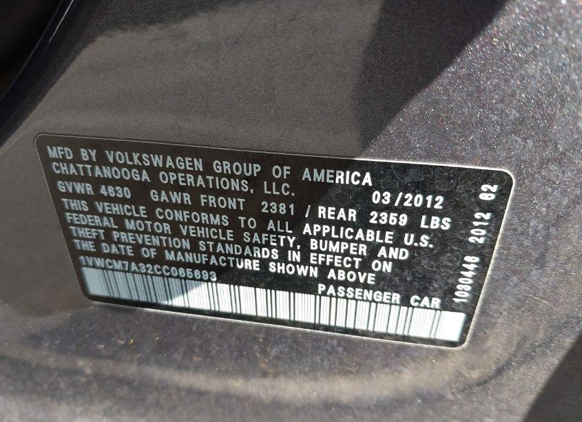 Photo 9 of 2012 Volkswagen Passat 3.6L V6 SEL PREMIUM (VIN 1VWCM7A32CC065693)