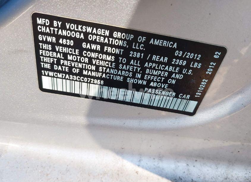 Photo 9 of 2012 Volkswagen Passat 3.6L V6 SEL PREMIUM (VIN 1VWCM7A33CC072958)